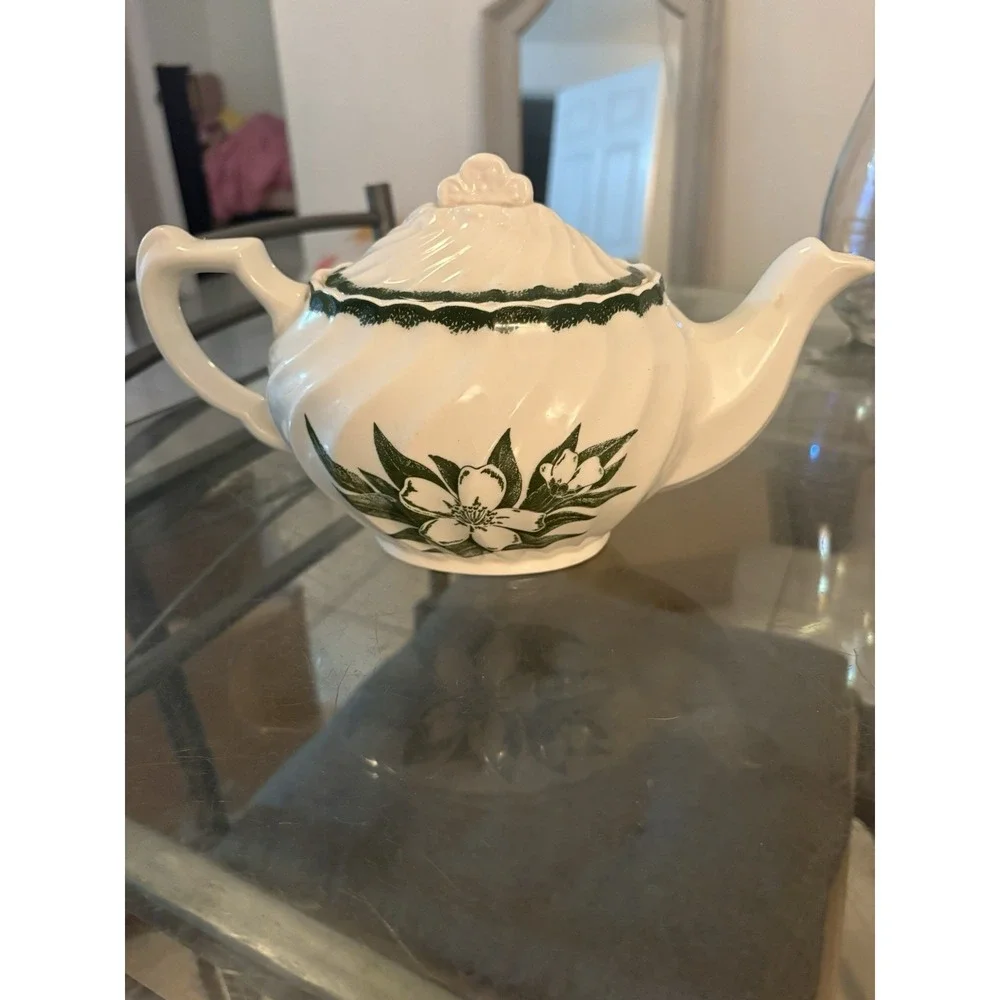 VTG Ceramic Teapot Swirl Body Green Floral Dogwood Flower Transferware 9.5